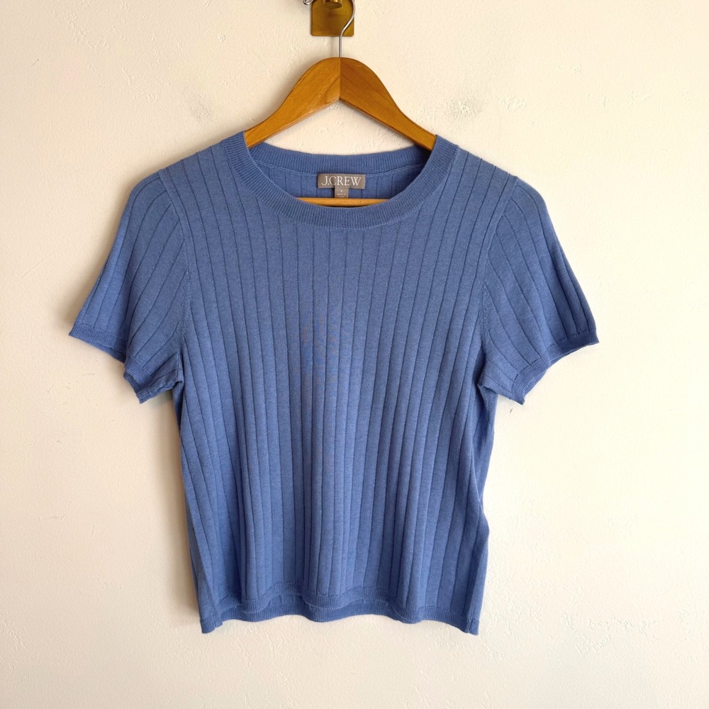 J.Crew Silk Cashmere Sweater Tee Short Sleeve M Blue Ribbed Quiet Luxury Preppy